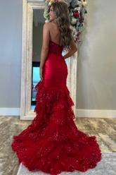 Charming Red Mermaid Sweetheart Strapless Sleeveless Sequined Sweep Train Satin Split Front Prom Dresses With Lace
